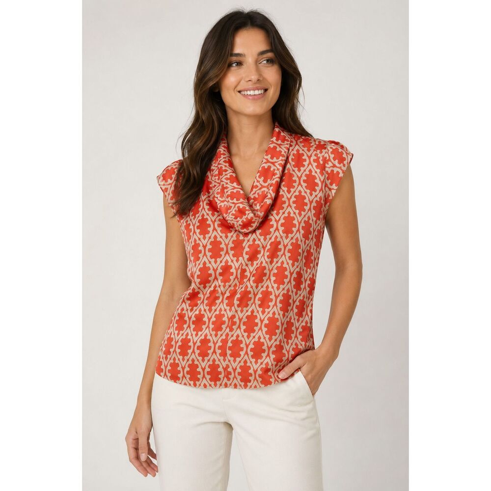 Banana Republic Cowl Neck Geometric Print Blouse Top Small Orange